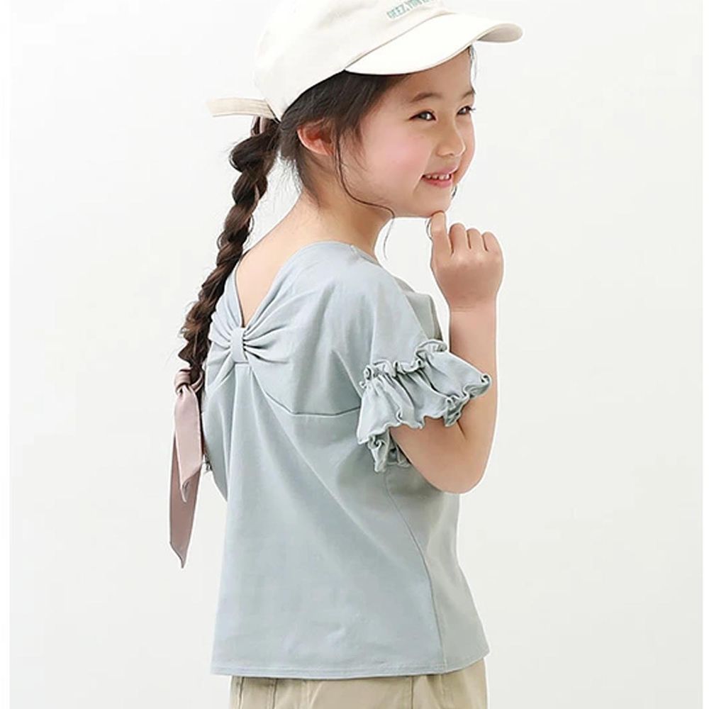 日本 devirock - 圓領可愛大蝴蝶結荷葉短袖上衣-藍