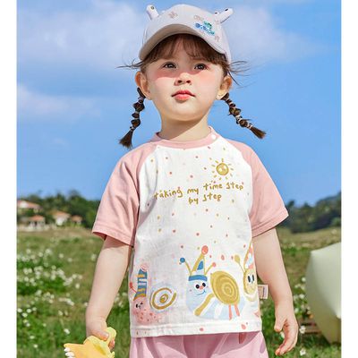 CUTEPANDA'S - 純棉圓領短袖上衣-慶生蝸牛-粉色拼袖