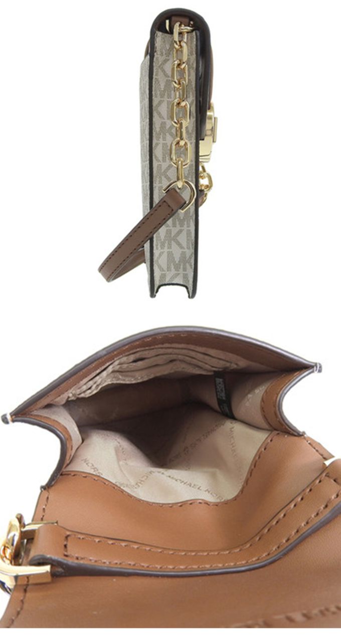 MICHAEL KORS - 滿版LOGO皮革手機斜背包-白駝