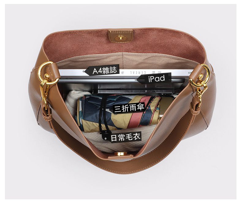 真皮大容量水桶單肩手提包(A4可放)-附2種背帶-栗子咖啡色 (33x29x9cm)