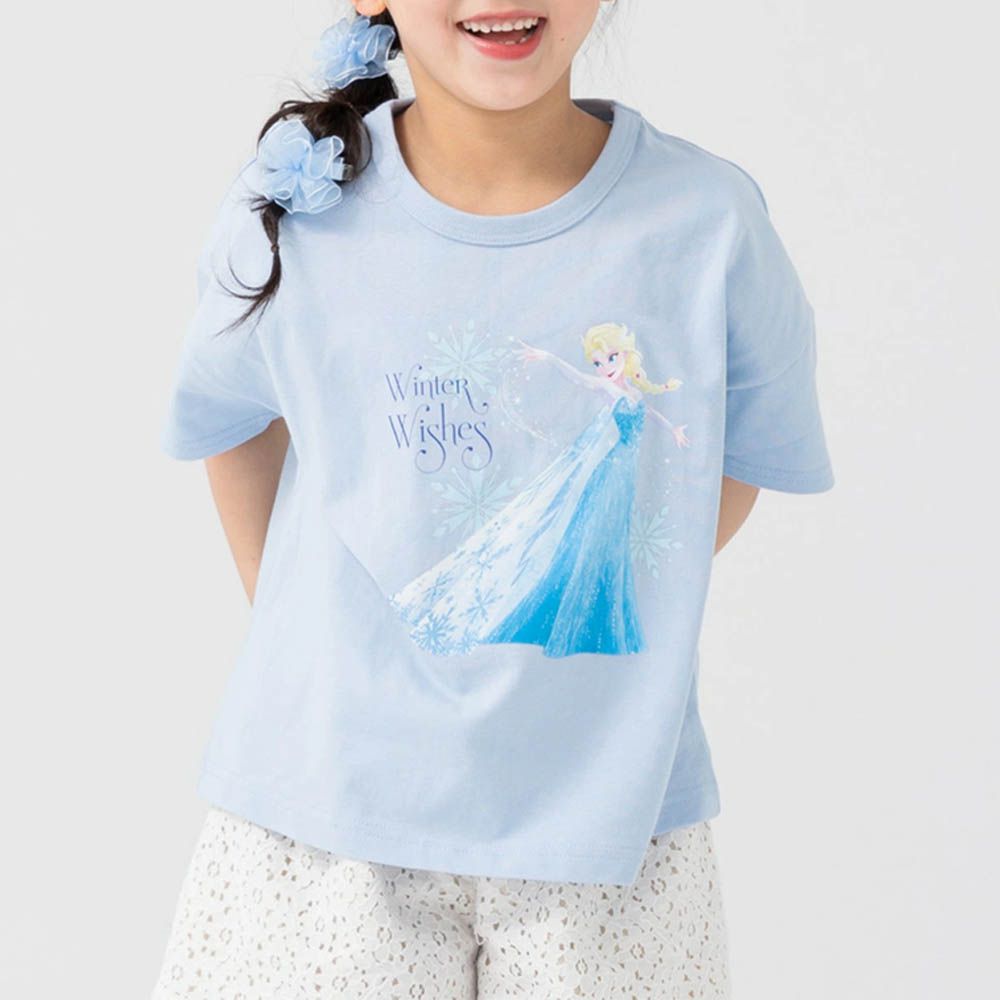 聯名款 100%棉印花短袖上衣-卡通人物艾莎-水藍