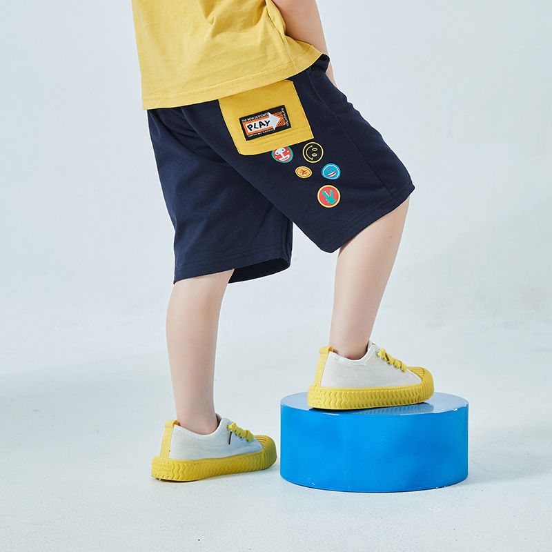 純棉休閒運動五分褲-刺繡小圓標籤-深藍色