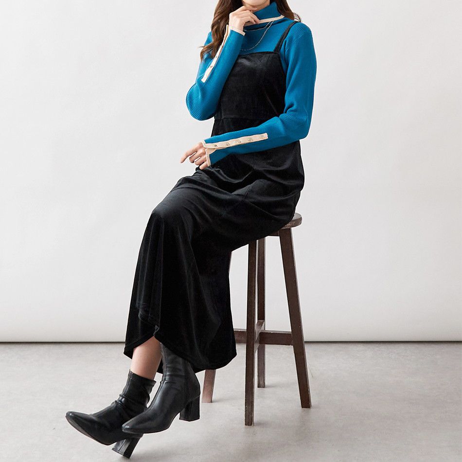 日本 Rejoule - 半高領金釦羅紋針織上衣-杏x黑