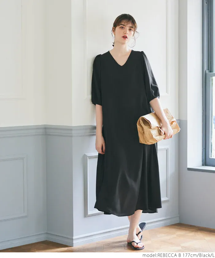 日本 COCA - 顯瘦V領收腰五分袖洋裝-米杏