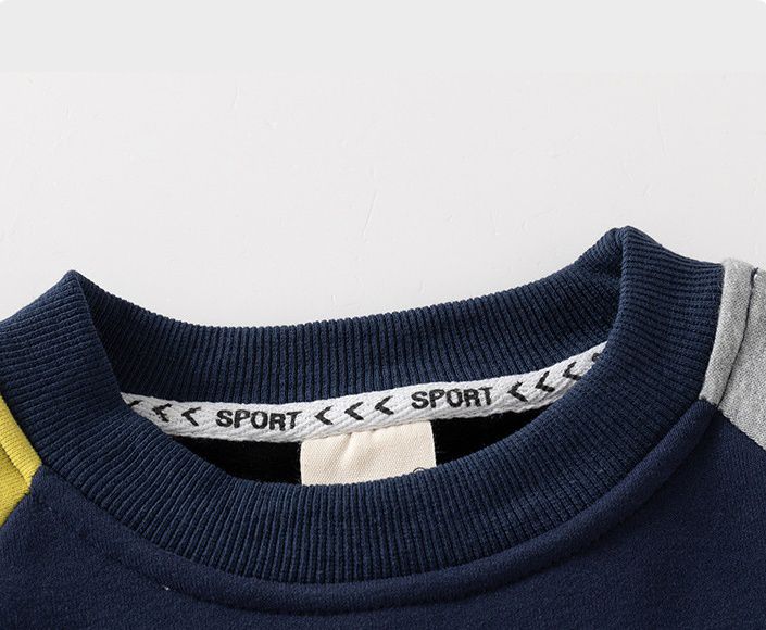 WELLKIDS - 加絨圓領長袖大學T套裝-英文字母A-深藍色