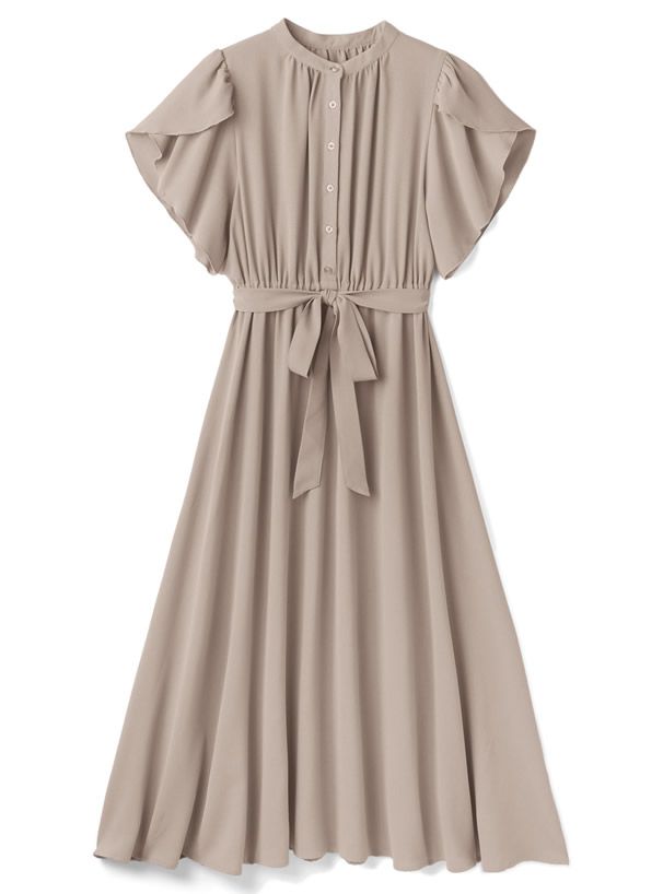 日本 GRL - 柔美綁帶花朵袖雪紡洋裝-冰河灰