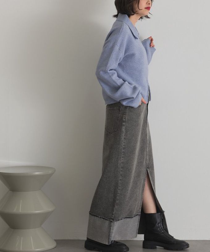 日本 ELENCARE DUE - 10oz抽鬚摺邊俐落前開叉牛仔長裙-海軍藍