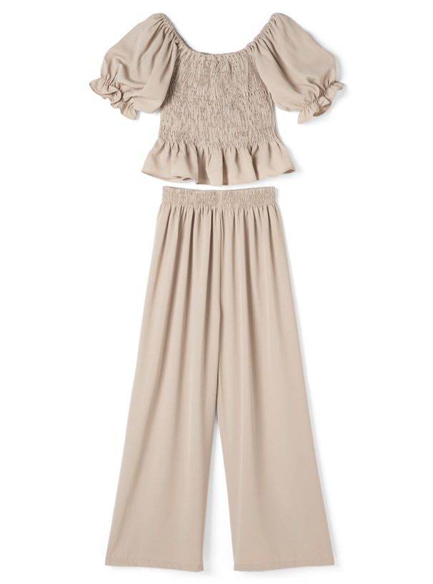 日本 GRL - 蝴蝶結方領泡泡短袖長褲套裝-氣質米