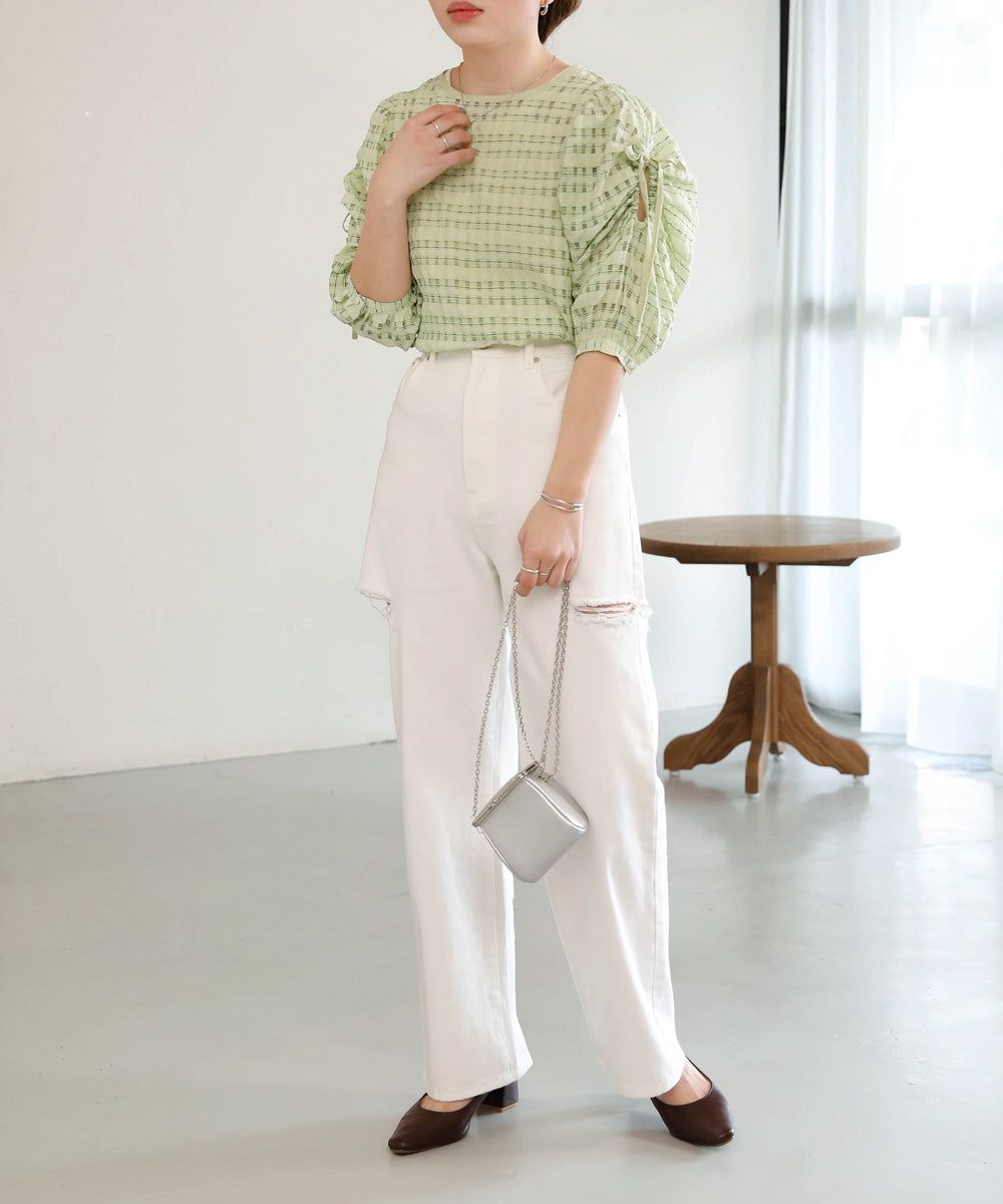 日本 Bab - 甜美格紋抽繩澎澎袖上衣-米杏