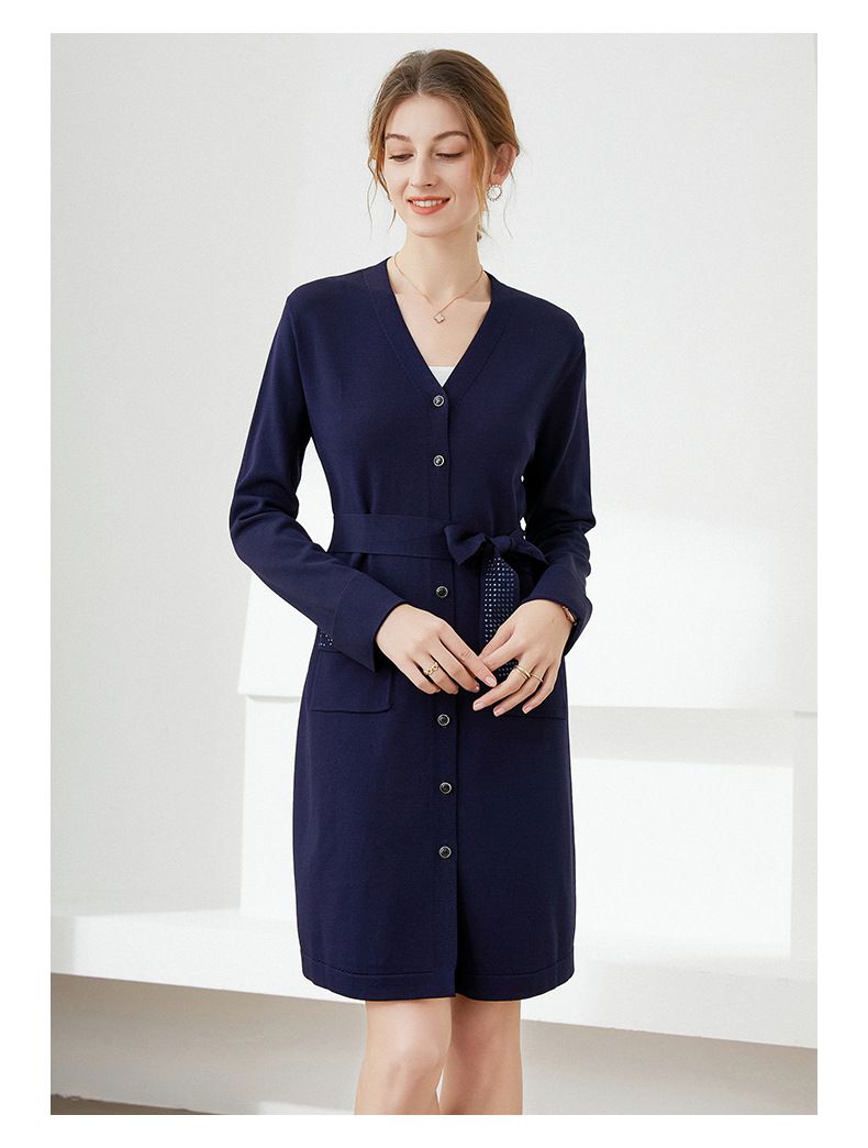 蝴蝶結綁帶針織長袖連身裙-深藍色