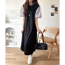 日本 Classical Elf - 夢幻薄紗緹花泡泡袖洋裝-黑x灰藍