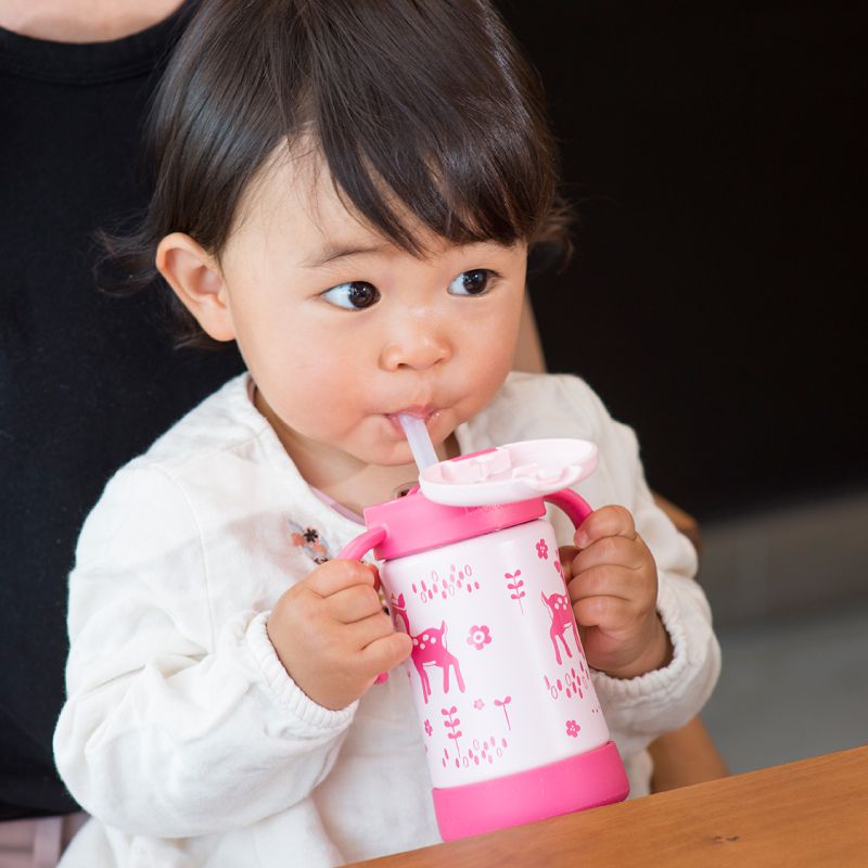 日本 Richell 利其爾 - 花間鹿不鏽鋼吸管保溫杯-300ML-贈海棉寶寶不鏽鋼環保碗