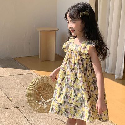 浪漫荷葉袖棉質連身洋裝-杏底鬱金香