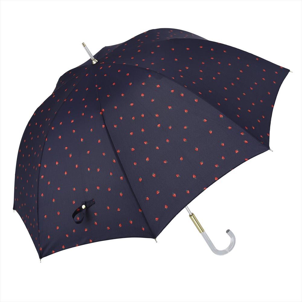 日本 nifty colors - 抗UV輕量 晴雨兩用J型手把直傘-草莓-深藍 (直徑90cm/283g)