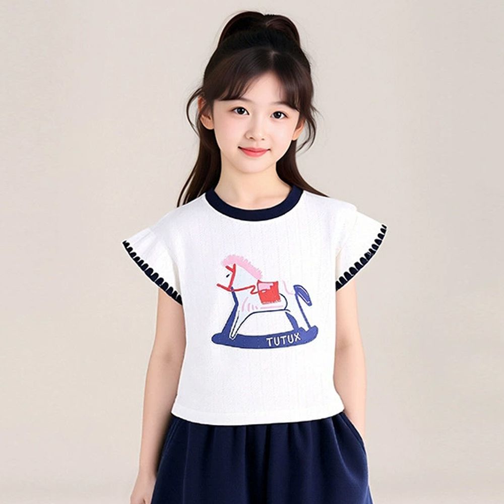 愛心鏤空撞色花邊小飛袖上衣-木馬-白色