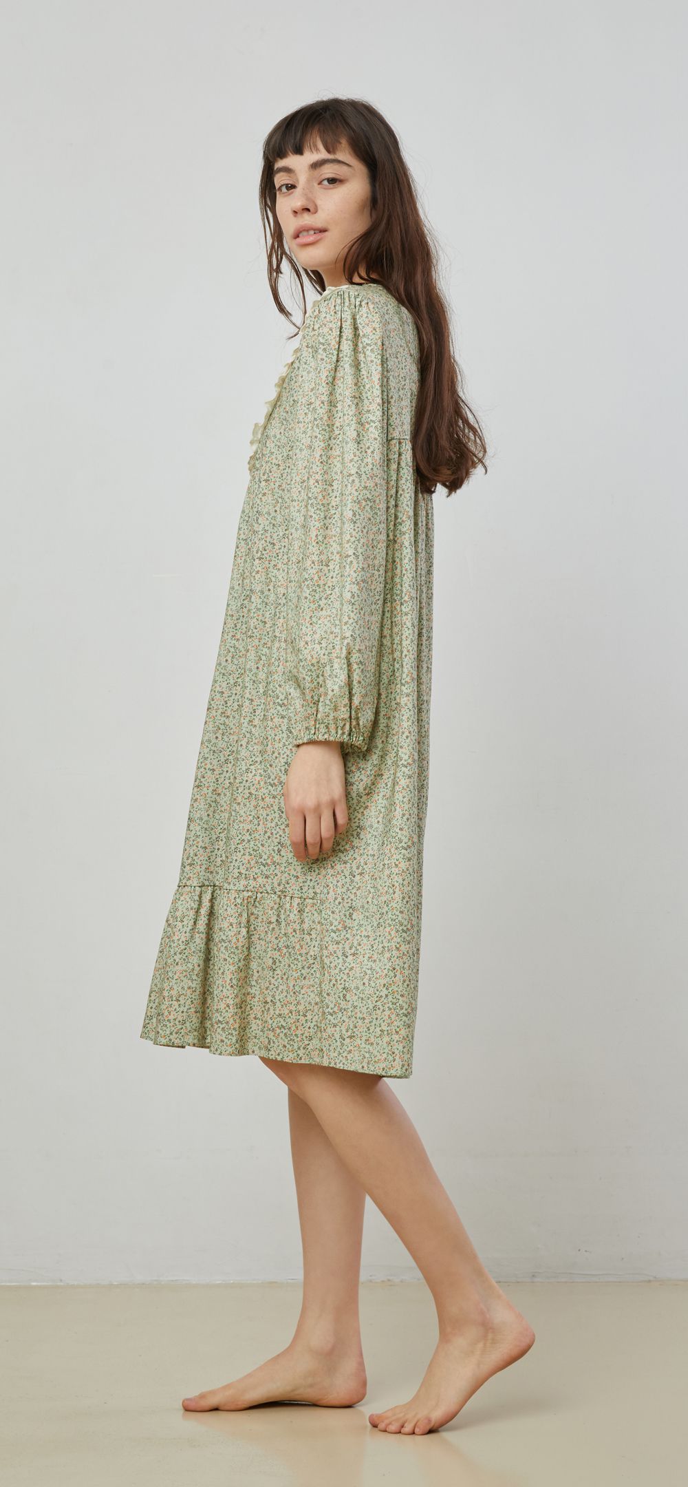 韓國 ULLALA - 浪漫碎花純棉長袖睡衣-(洋裝式)-薄荷綠 (FREE)