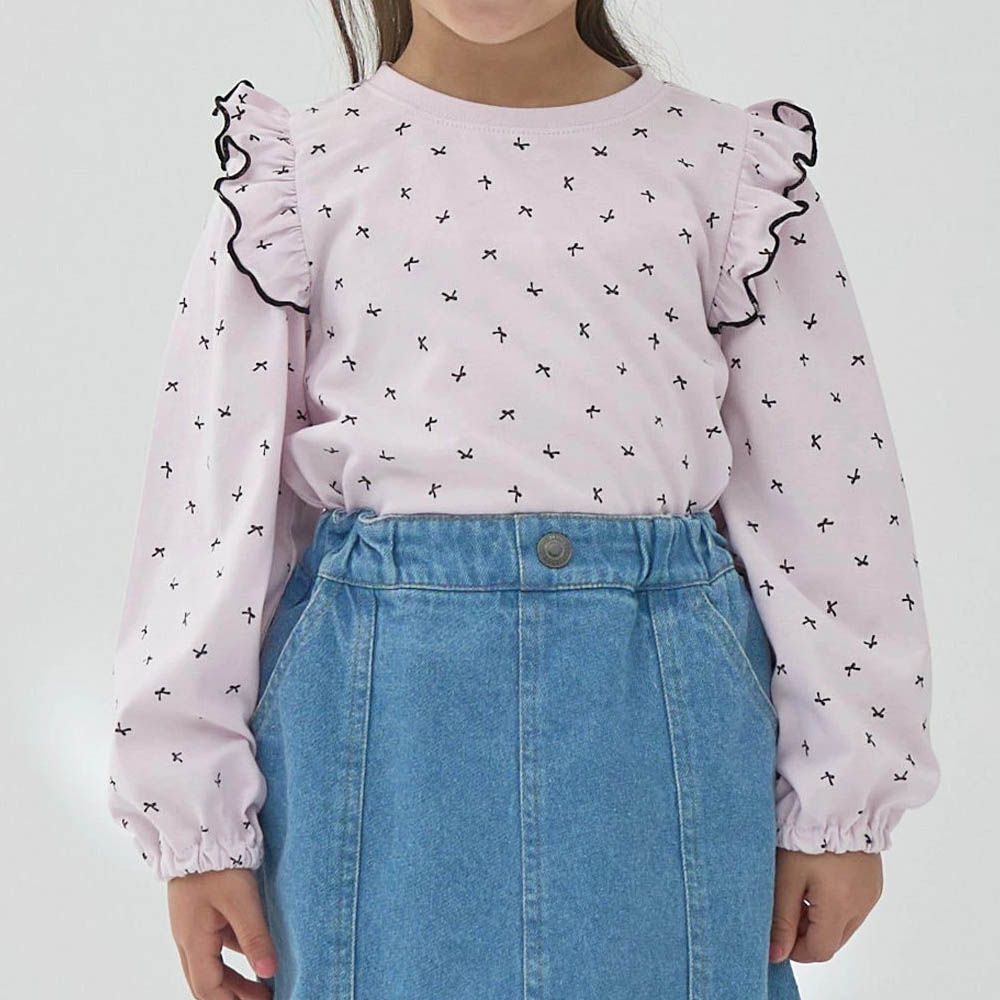 100%棉 浪漫荷葉肩滿版印花長袖上衣-蝴蝶結-淺粉紅