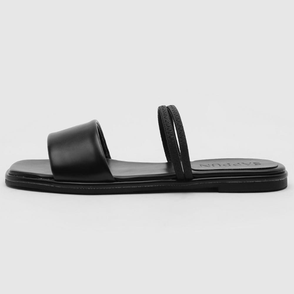 韓國 SAPPUN - 方頭寬帶修飾拖鞋-黑