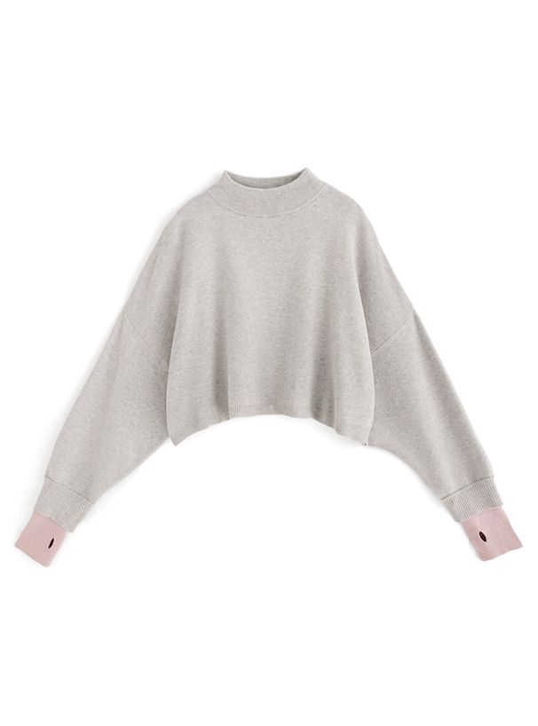 日本 GRL - 假兩件針織短版長袖上衣(附指穴)-寶貝藍x淺灰 (F)