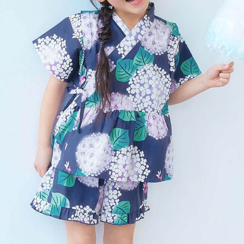 [推薦]夢幻女孩荷葉邊甚平套裝-繡球花-海軍藍