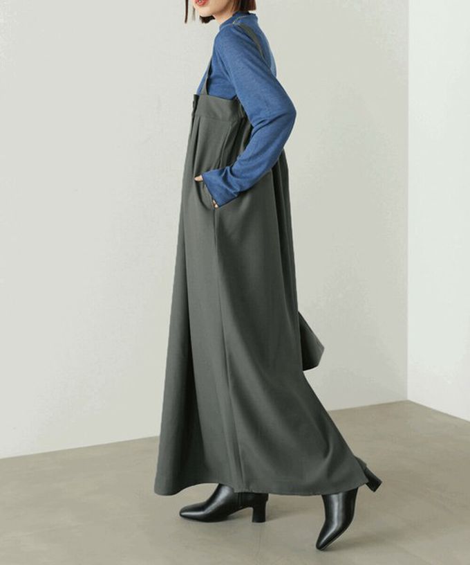 日本 Bab - 斜紋布優雅摺線工裝風吊帶裙-深灰