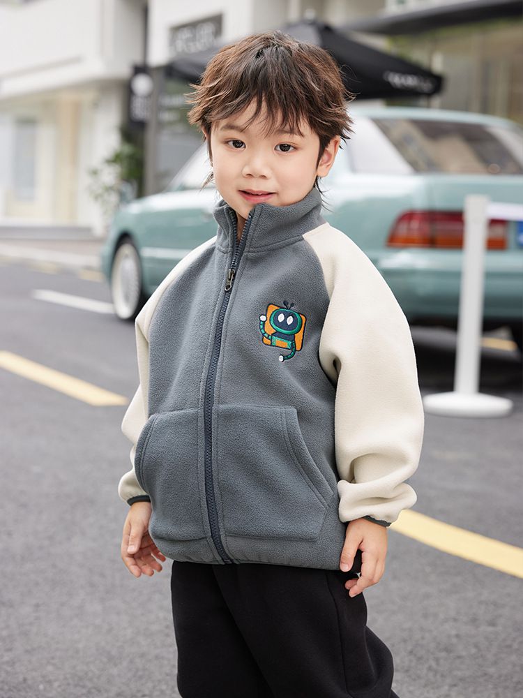 搖粒絨保暖兒童外套-小小機器人-灰色