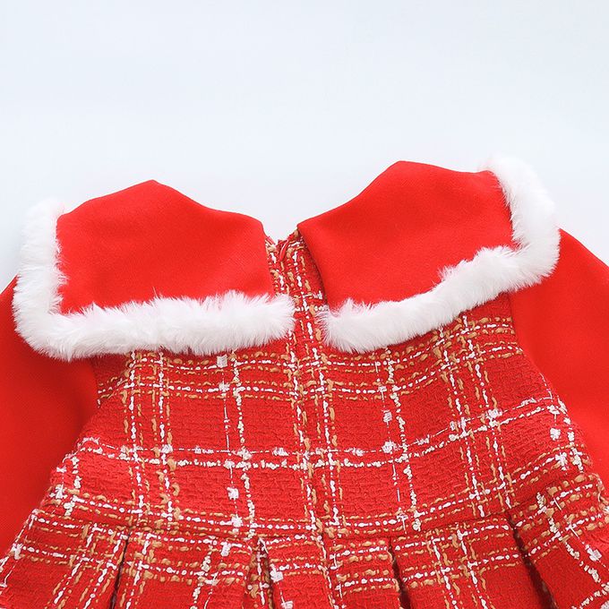 加厚翻領格紋連身裙-立體熊熊-紅色