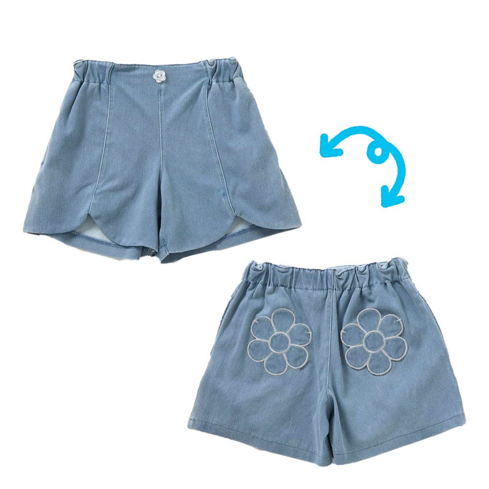 接觸涼感 花朵口袋短褲-丹寧藍