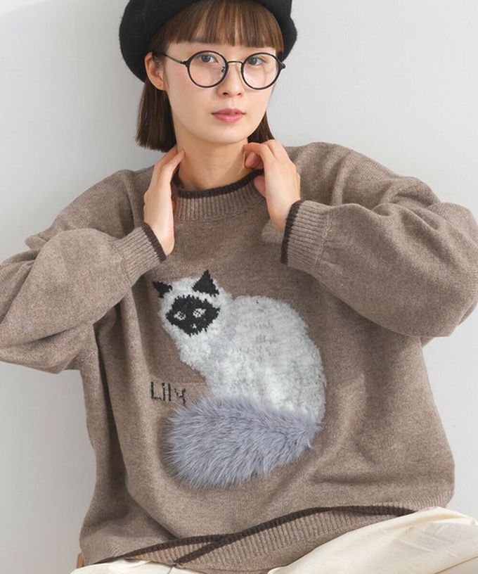 日本 Lupilien - 毛絨尾巴貓咪設計感針織長袖上衣-深灰