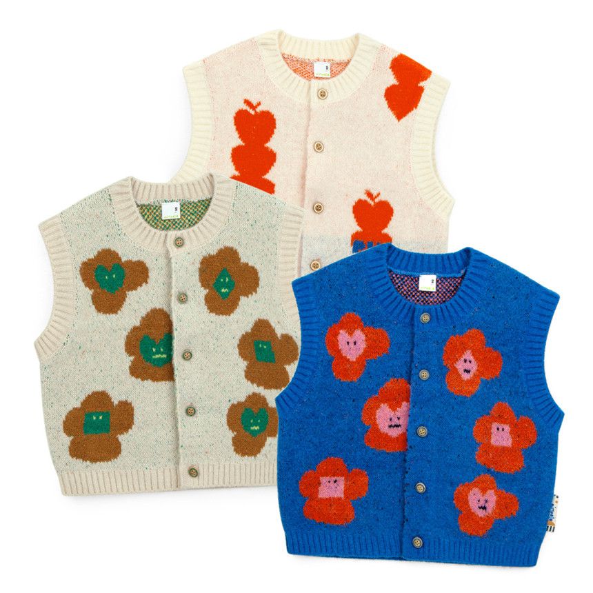 韓國Pimpollo - 愛心印花開衫針織背心-藍