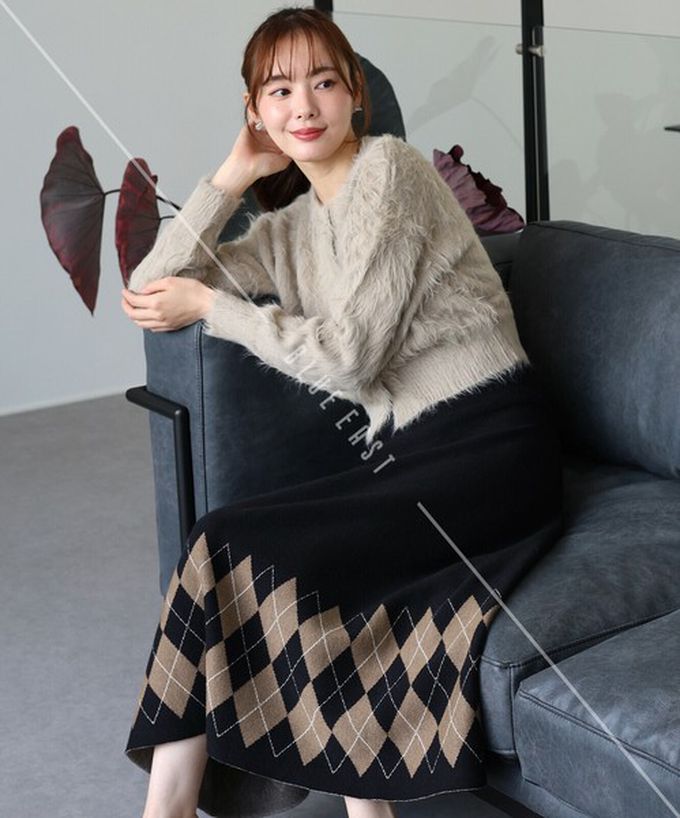 日本 BLUE EAST - 氣質女伶全腰鬆緊皺摺長裙-菱格-灰 (M)