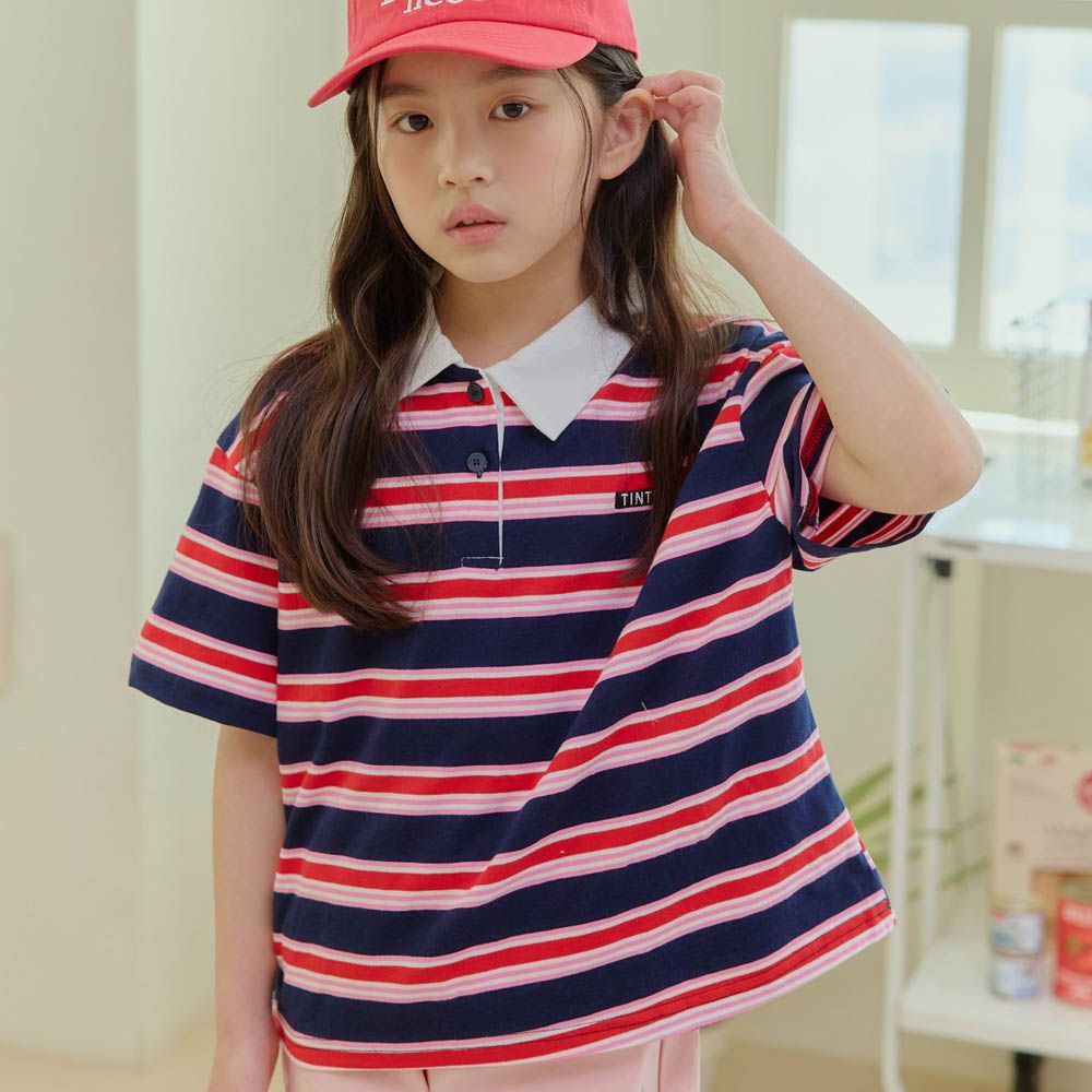 撞色條紋翻領短袖上衣-海軍藍X紅