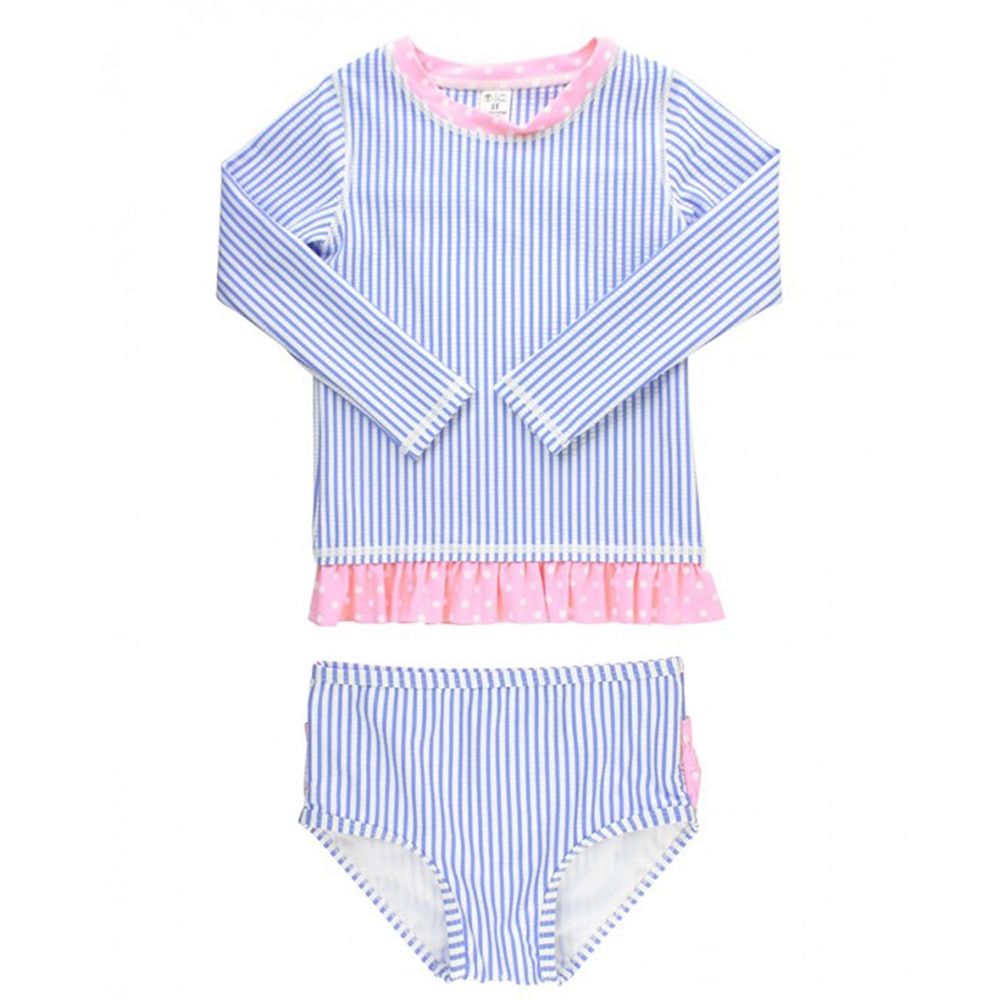 美國 RuffleButts - 小女童UPF 50+防曬兩件式長袖泳裝-粉紫條紋