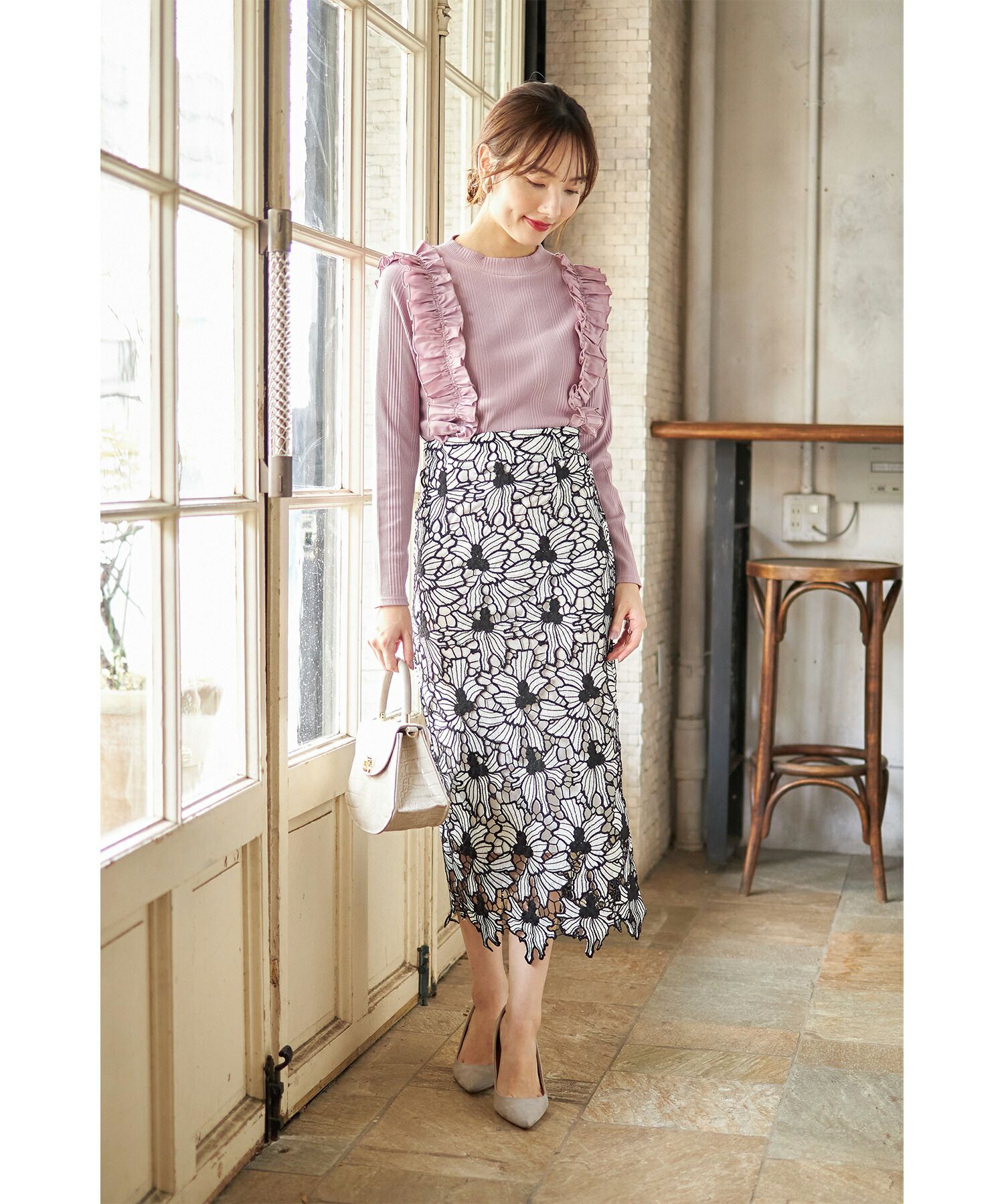 日本 tocco-closet - 奢華荷葉邊羅紋針織上衣-星塵粉