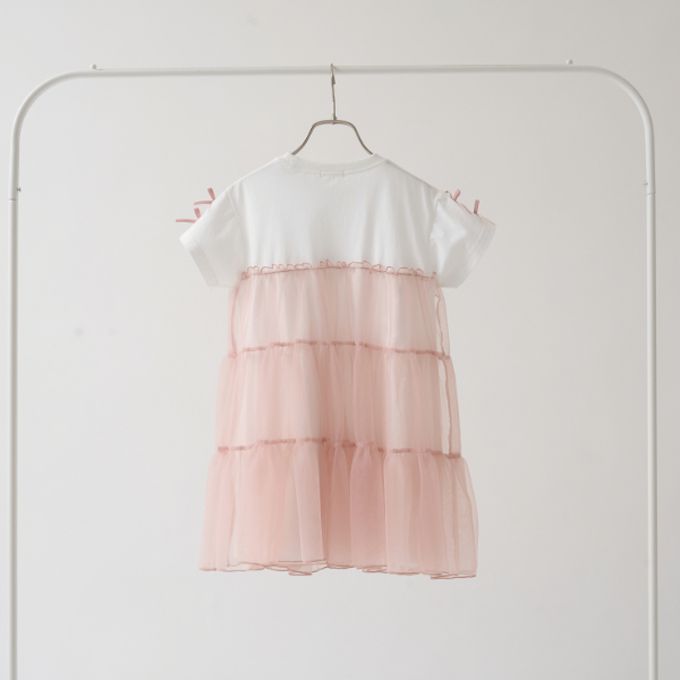 日本 Lycee mine - 接觸冷感 緞帶短袖蛋糕洋裝-白x粉紅