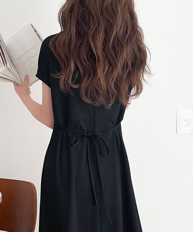 日本 Classical Elf - 接觸冷感 優美V領腰綁帶短袖洋裝-長版-象牙白