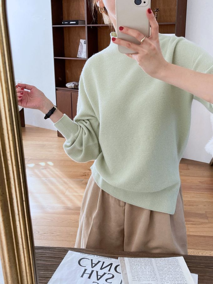 韓國女裝連線 - 斜角側開衩混羊毛針織長袖上衣-可可 (FREE)