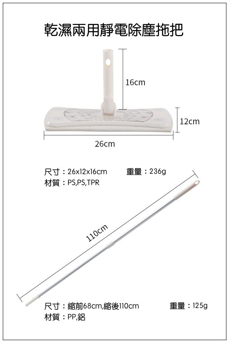 多功能居家清潔掃除套組-常用系列-2節輕巧伸縮桿x1+靜電除塵拖把頭x1+除塵撢頭x1+掃把頭x1+磁磚清潔刷頭x1+海綿刷頭x1+乾巾x3+濕巾x3