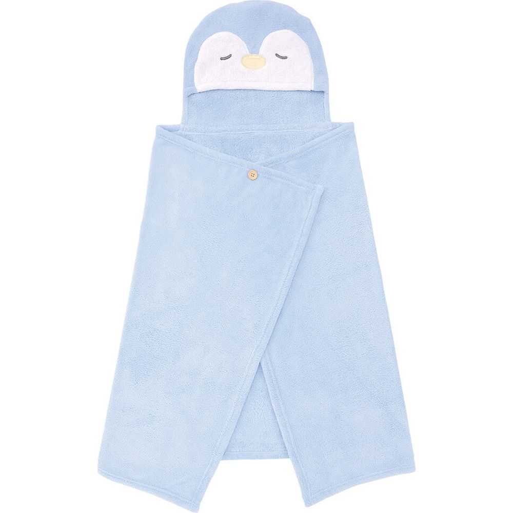 日本 LIV HEART - 5倍吸水力蓬鬆柔軟 兒童連帽斗篷浴袍/浴巾-企鵝-藍 (120x70cm)