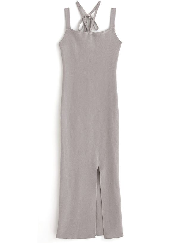 日本 GRL - 浪漫透膚吊帶針織兩件式洋裝-淺灰棕