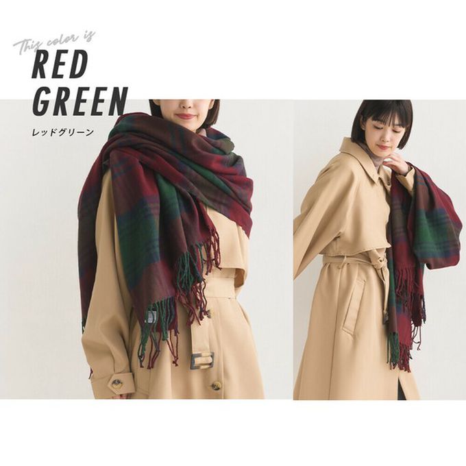 日本 OMNES - 羊毛混紡經典格紋圍巾披肩-B(灰x紅)