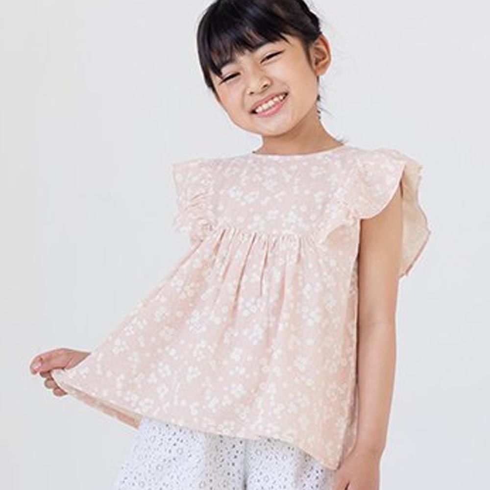 日本 Chil2 - 女孩印花純棉荷葉袖上衣-小白花-粉紅