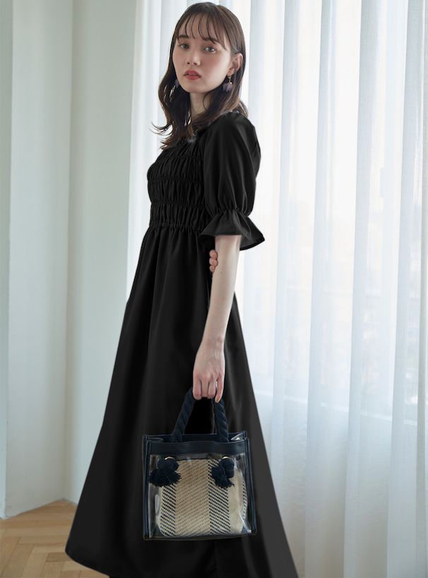 日本 GRL - 法式優雅方領抓皺短袖洋裝-古典黑