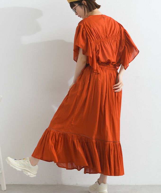 日本 Lupilien - 100%印度棉 飄逸緹花下擺鬆緊長裙-磚橘