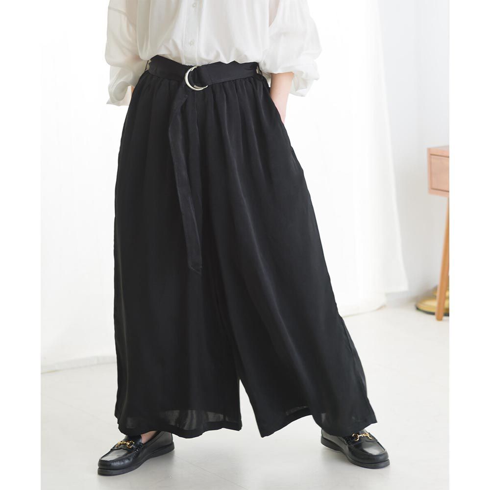 日本 OMNES - 透氣質感綁帶修身寬褲-經典黑