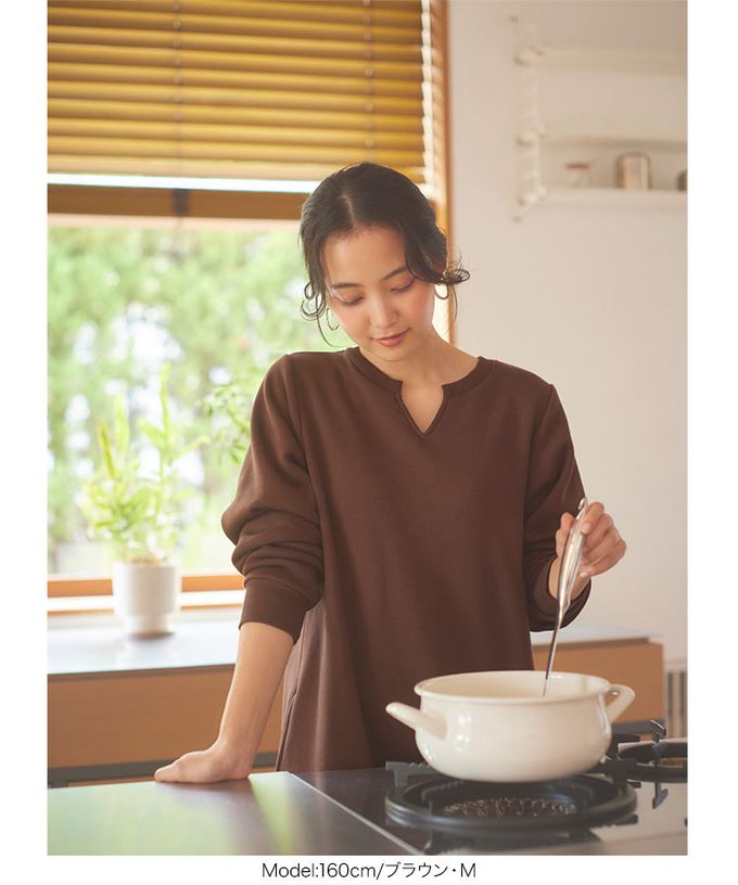 日本 Kobe Lettuce - 極上溫暖 裏起毛鑰匙領休閒洋裝-黑