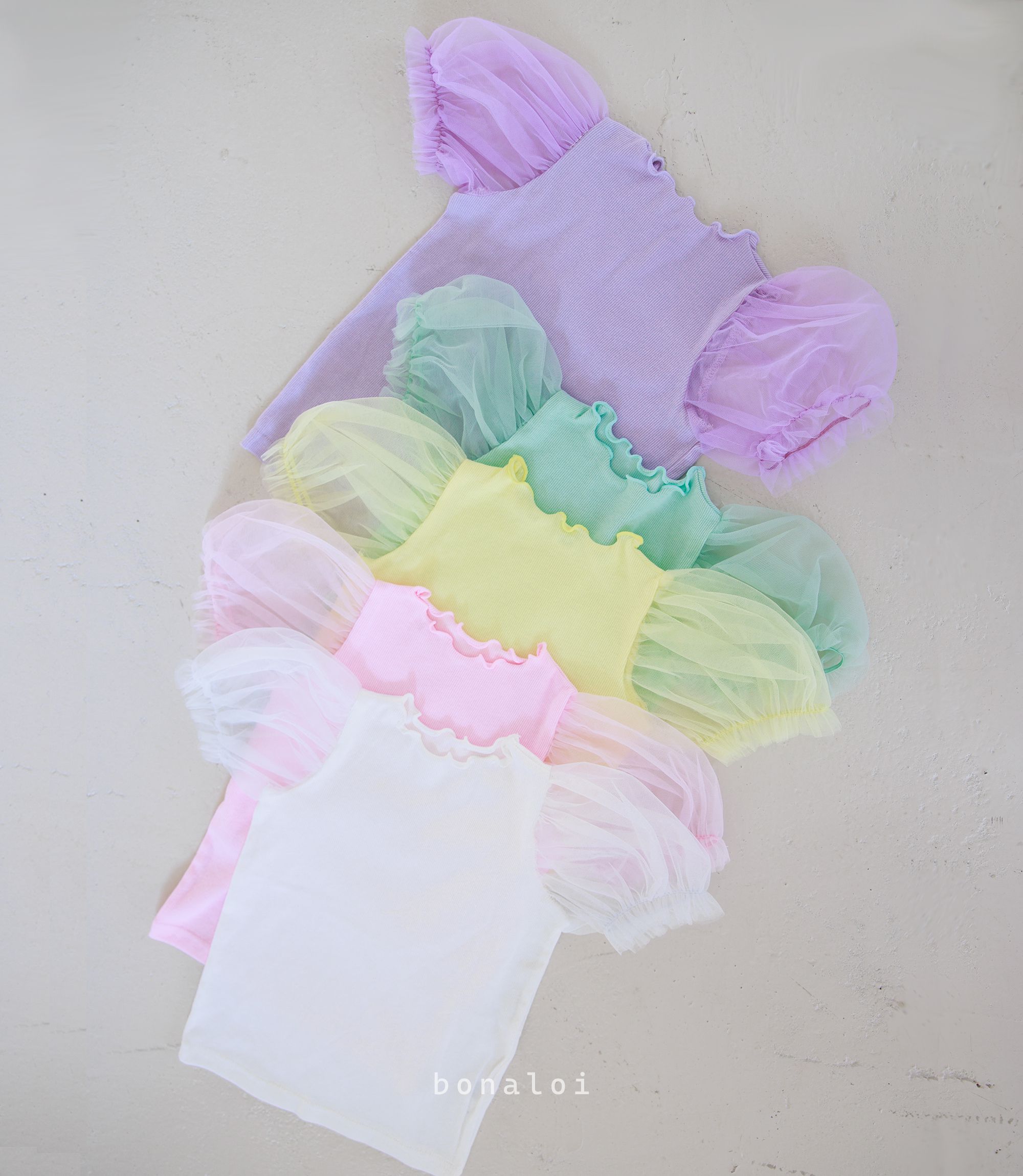 韓國 Bonaloi - 薄紗泡泡袖羅紋T-鵝黃