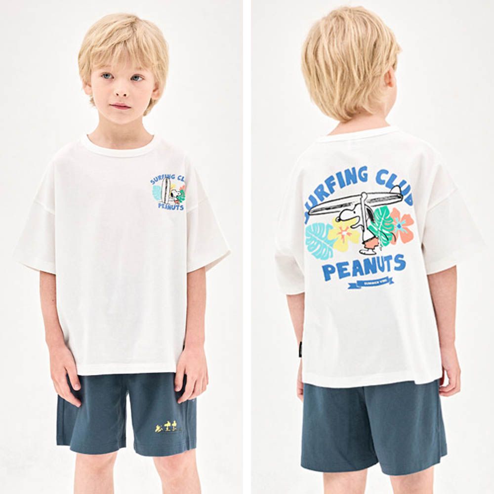 (聯名款)衝浪圖案純棉短袖套裝-卡通人物史努比-白X深灰藍