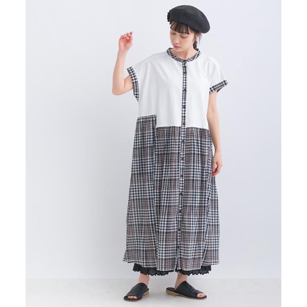 日本 Lupilien - 柔軟手感純棉排扣洋裝-格紋-白黑