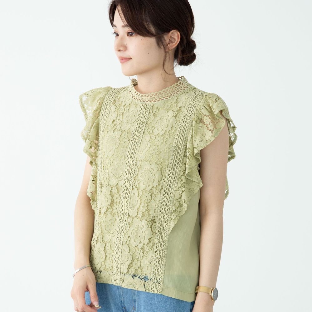 日本 ELENCARE DUE - 浪漫蕾絲無袖上衣-黃綠